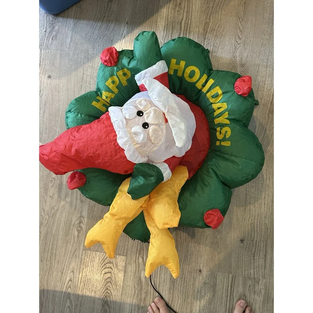 Lighted Christmas Hanging Inflatable Santa w/ Wreath & Built-in Lights 30 inches